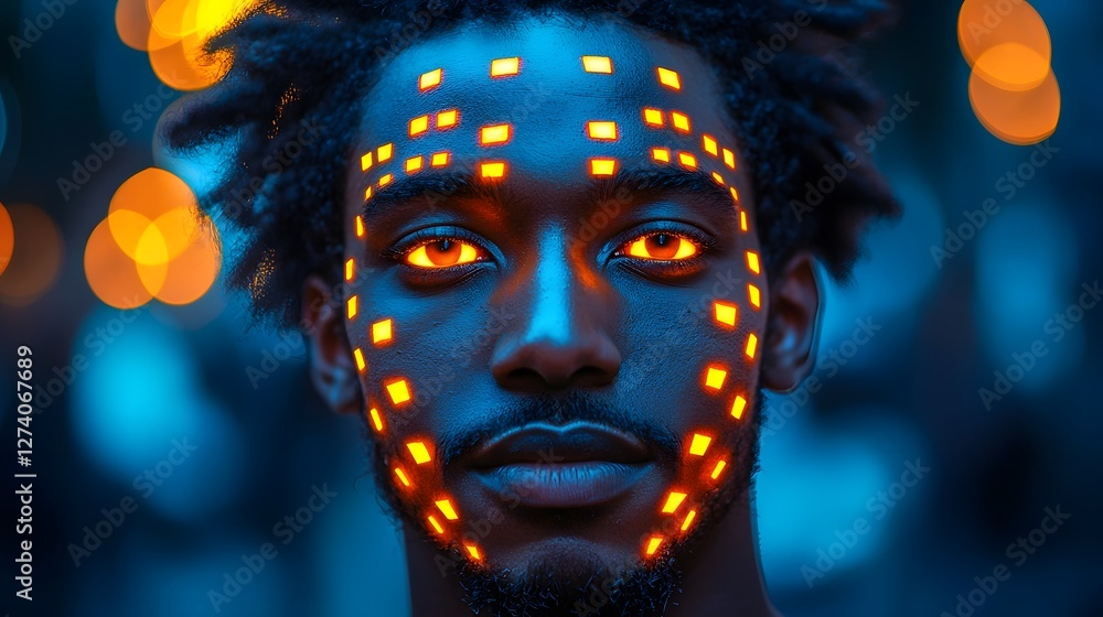 Poster surreal geometric portrait symbolizing nature and technology unity