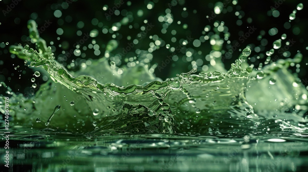 Poster close-up of water splashes creating dynamic patterns in a green-tinted environment.