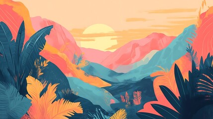 Tropical Sunset Over Abstract Painted Mountains