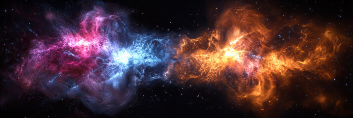 A breathtaking depiction of a galactic collision, with energy and color exploding in the infinite darkness, perfect for creating awe-inspiring, dynamic visuals, banner