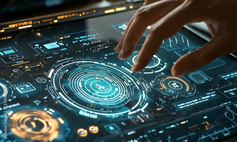 Aufkleber hand interacting with futuristic tablet displaying glowing digital interface