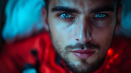 Fearless Paramedic Administering CPR Under Glowing Emergency Lights Determined Face in Sharp Focus