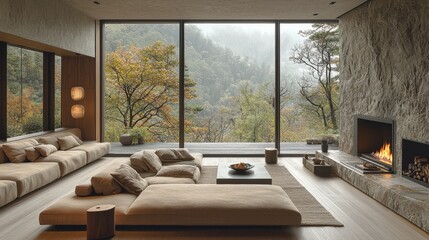 Fototapeta premium This image features a modern living room complete with a fireplace, large windows, and a neutral color scheme