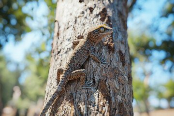 Fototapeta premium gecko on tree trunk, showcasing its unique skin texture and vibrant eyes. This captures beauty of nature and wildlife