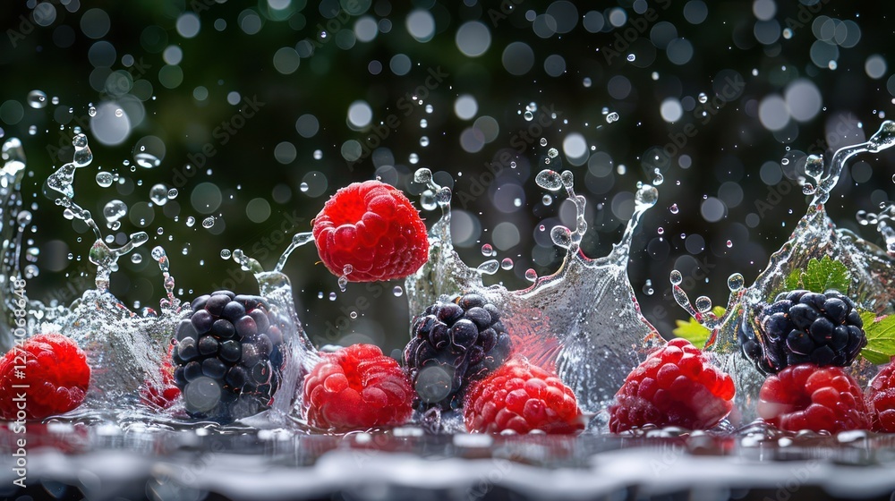 Poster fresh berries splashing in water, creating a vibrant and dynamic visual effect.
