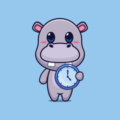 Fototapeta premium hippo mascot cartoon character vector illustration with clock