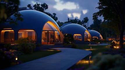 Futuristic dome houses nestled in serene twilight landscape design