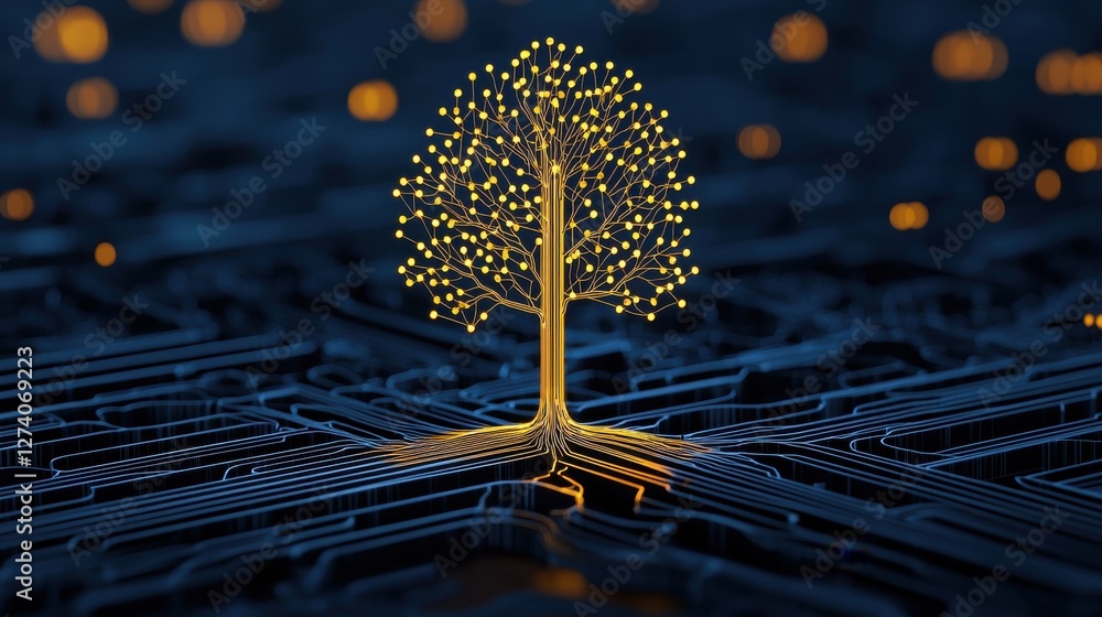 Poster abstract gold tree concept. futuristic golden digital tree interconnected data network visualization