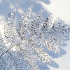 Sunlit ice-covered fern frond with intricate crystalline details casting shadows on a light surface, creating a striking contrast of light and texture.