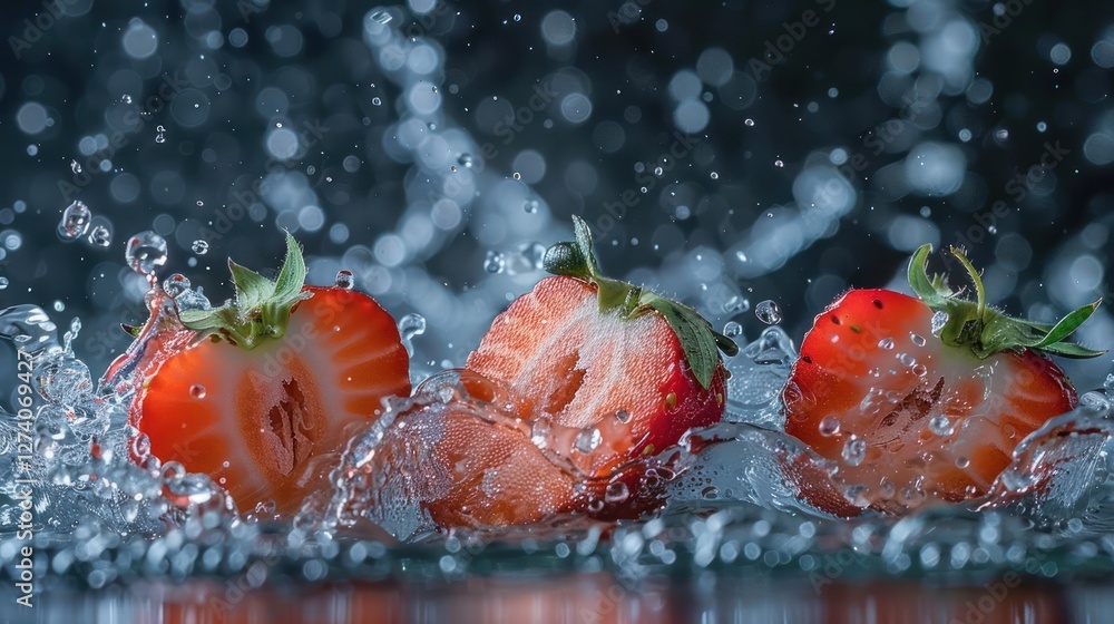 Poster fresh strawberries splashing in water, creating a dynamic and refreshing visual.