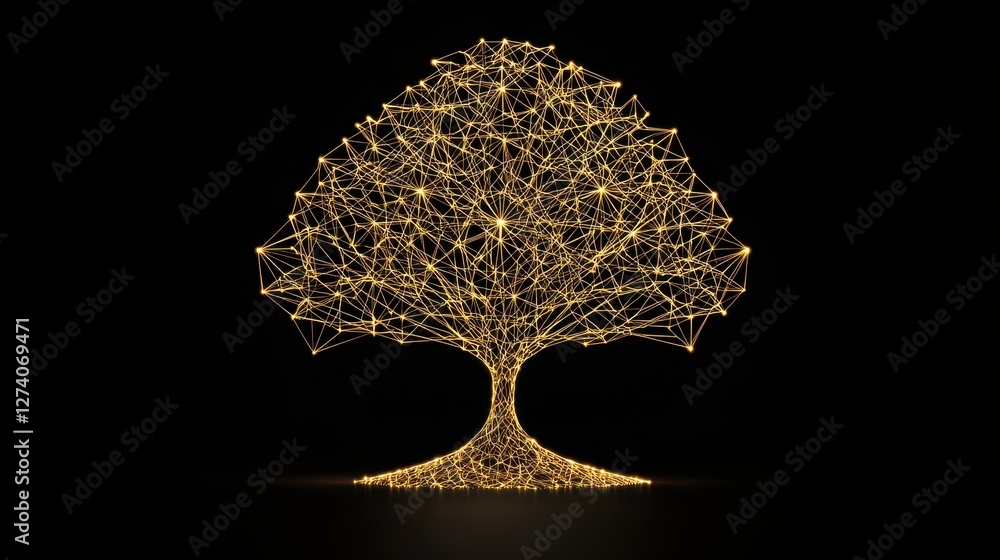 Poster abstract gold tree concept. futuristic golden tree of interconnected digital networks and nodes in a