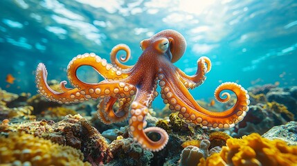 Obraz premium The caption and keywords for this stock photo read: a camouflaged day octopus on a coral reef teeming with life, including a yellow fish swimming in the background