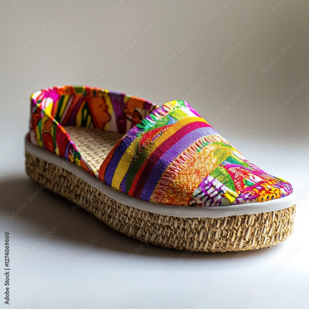 Poster A vibrant and uniquely designed colorful slip-on shoe, showcasing eclectic patterns and woven textures, blending comfort and style for a distinctive fashion statement.