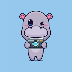 hippo mascot cartoon character vector illustration with camera