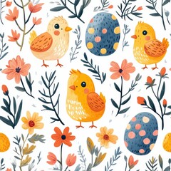 Easter pattern with chicks, decorated eggs, and colorful spring flowers