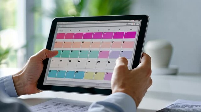 Office manager intently organizing schedule on a digital planner.