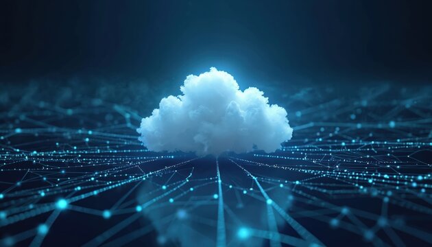 Illustration shows cloud computing with cybersecurity. Large cloud icon above central white cloud against polygon connection code backdrop on dark blue background. Perfect for tech solutions, modern