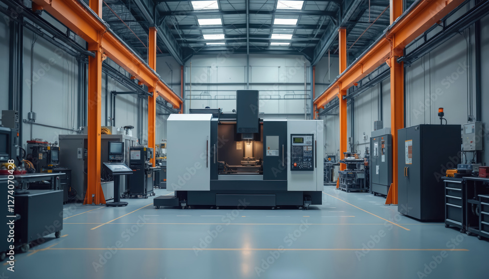 Leinwandbilder wide-angle view of high-precision cnc machine in modern manufacturing facility. illustration emphasi