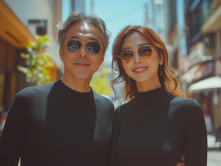 asian couple are standing close to each other, both wearing sunglasses and stylish jackets. The background features a brightly colored building with a clear blue sky above.
