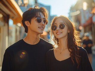asian couple are standing close to each other, both wearing sunglasses and stylish jackets. The background features a brightly colored building with a clear blue sky above.