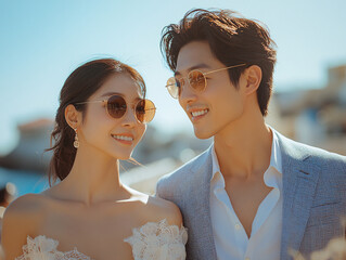 asian couple are standing close to each other, both wearing sunglasses and stylish jackets. The background features a brightly colored building with a clear blue sky above.