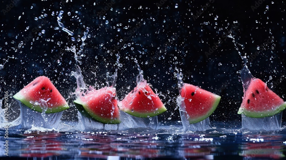 Poster watermelon slices splashing into water, creating dynamic visual effects.