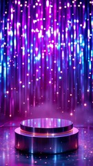 Round metallic podium resting on a reflective surface, illuminated by glowing purple and blue neon lights cascading like rain, creating a vibrant, futuristic atmosphere for product showcases