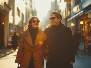 Obraz premium asian couple are standing close to each other, both wearing sunglasses and stylish jackets. The background features a brightly colored building with a clear blue sky above.