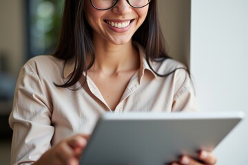 A Smiling Young Woman with Glasses Engaged in Digital Learning While Holding a Tablet at Home, Creating a Positive Atmosphere for Online Education and Connectivity