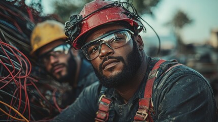 Obraz premium Electricians at a technical school are working to install sufficient wiring, guaranteeing the building will have enough electricity for its technological systems