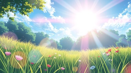 Fototapeta premium Vibrant Anime Illustration of a Lush Green Summer Meadow Under a Bright Blue Sky with Fluffy White Clouds