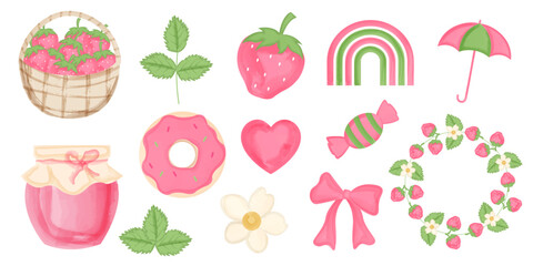 Set of illustrations of strawberry, ribbon, jam, donut, candy, strawberry basket and strawberry vine boarder. Watercolor painting. Vector elements design.	