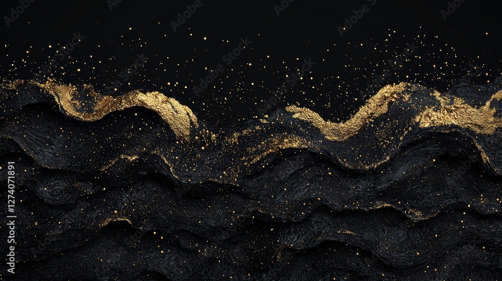 Poster a captivating image of glossy black and gold fluid waves flowing in harmony, displaying movement and