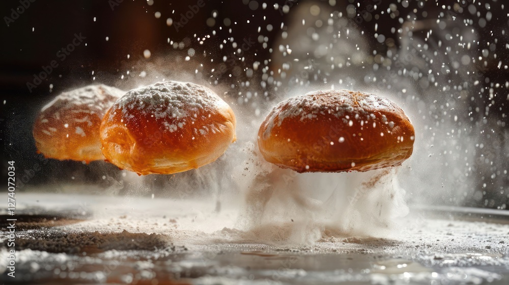 Poster three floating pastries dusted with powdered sugar, surrounded by a cloud of flour.