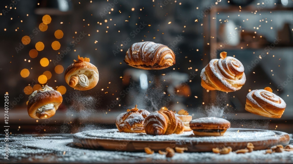 Poster a collection of floating pastries dusted with powdered sugar, creating a whimsical dessert scene.