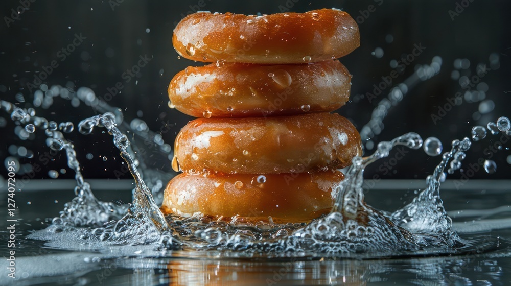 Poster a stack of donuts splashing into water, creating dynamic droplets and a vibrant scene.
