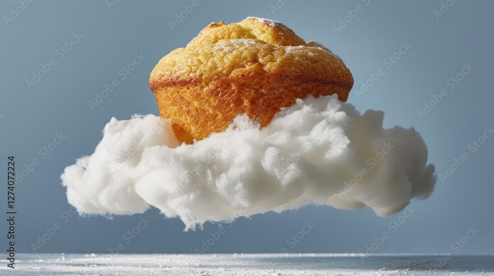 Poster a muffin appears to float on a cloud, creating a whimsical and dreamy effect.