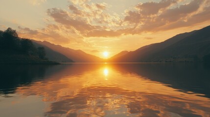 Fototapeta premium Serene Sunset Over Mountain Lake with Reflection and Soft Clouds