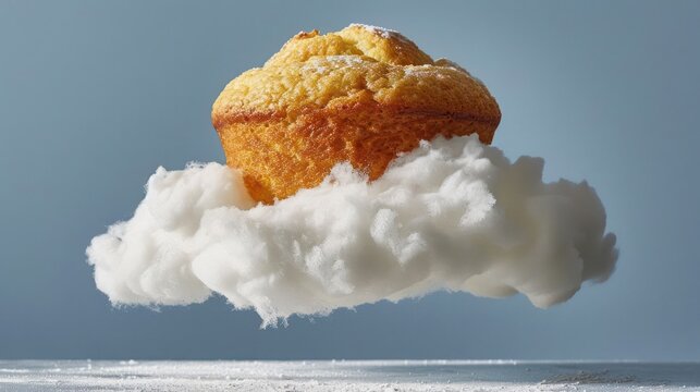 A muffin appears to float on a cloud, creating a whimsical and dreamy effect.