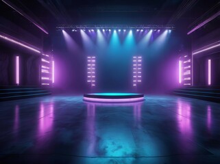 Futuristic Studio with Dark Asphalt Floor, Floating Smoke, and Vibrant Neon Lighting