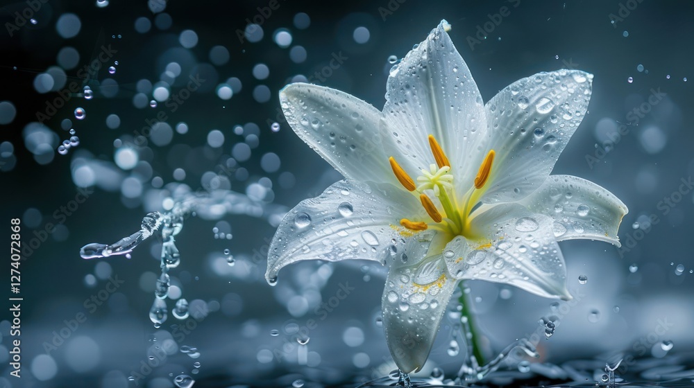 Poster a close-up of a white lily with water droplets, creating a serene and refreshing atmosphere.
