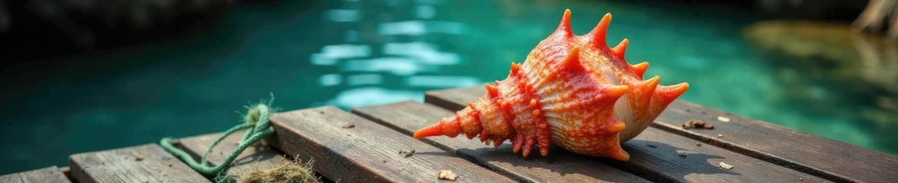 Harpago chiragra conch on a wooden dock with rope and netting, netting,