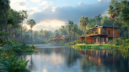 Obraz premium The description and keywords for your image include a serene lakeside cabin at sunset, its modern architecture and palm trees reflected in the calm water, complete with large windows and a deck