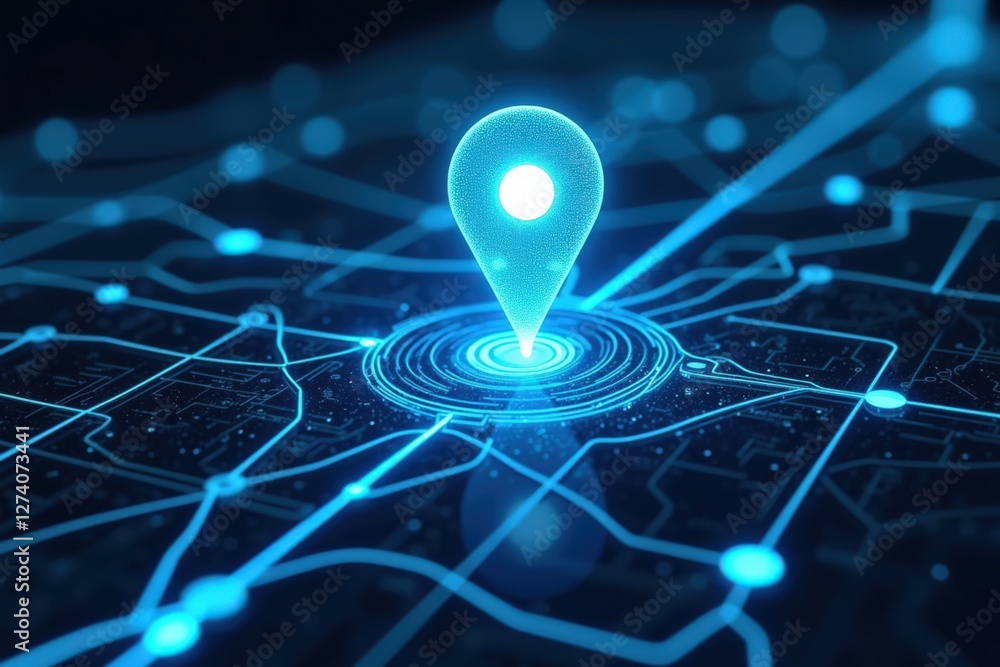 Poster a digital map highlighting a bright location pin in blue, symbolizing navigation and connectivity wi