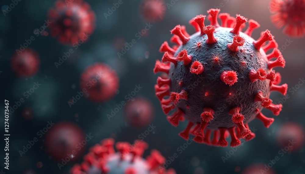 Poster macro illustration of dark virus with red spikes for medical context. virus cells background. microb