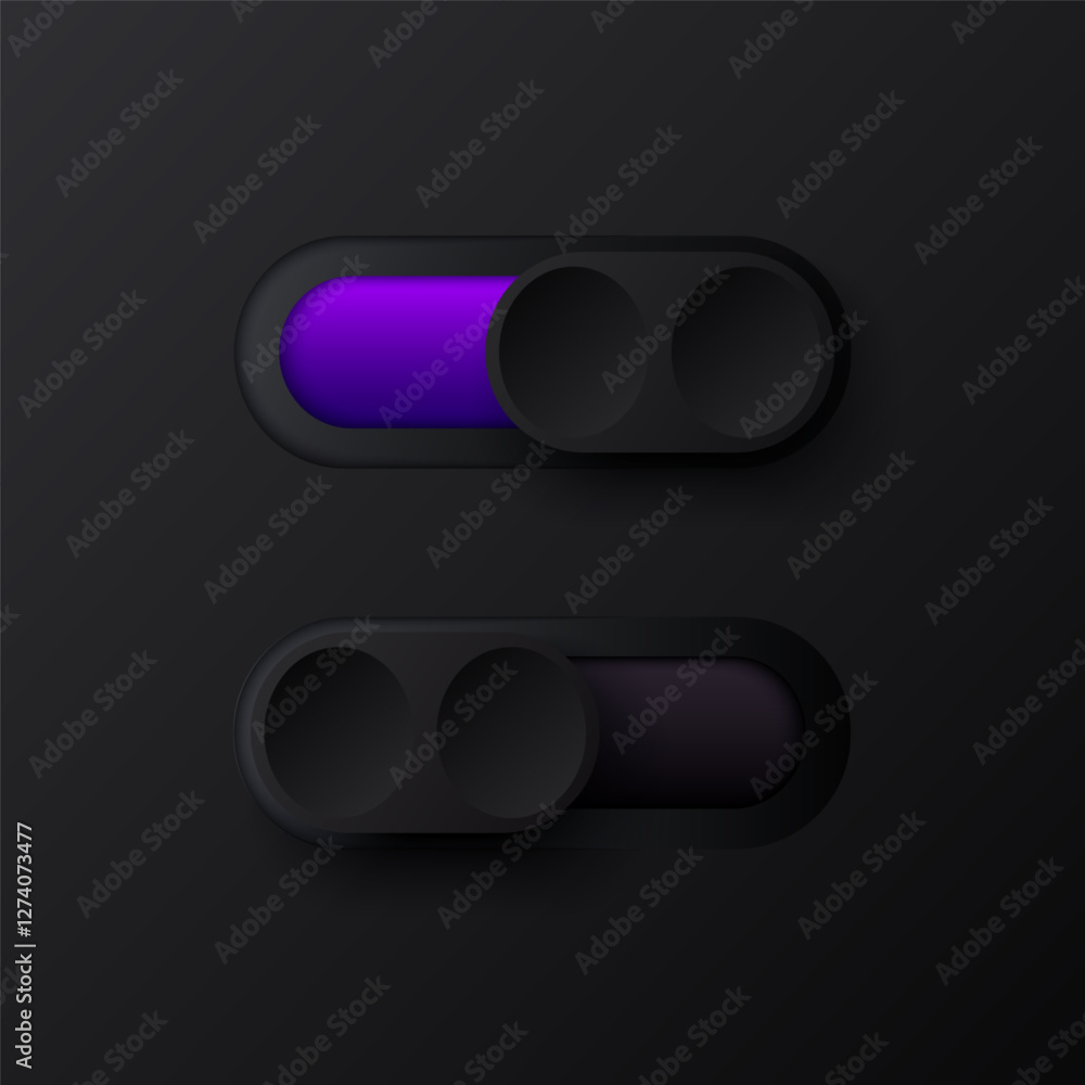 Poster toggle switch buttons icon on dark mode. violet on and dark off switch interface button set with sha