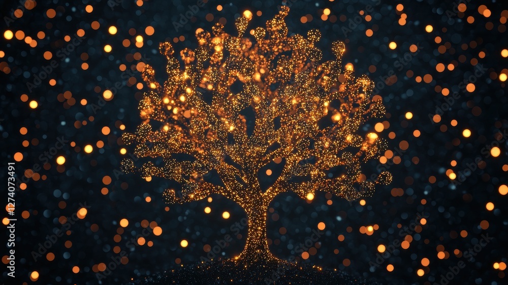 Aufkleber abstract gold tree concept. glowing golden tree with a mirror like trunk reflecting magical bokeh li