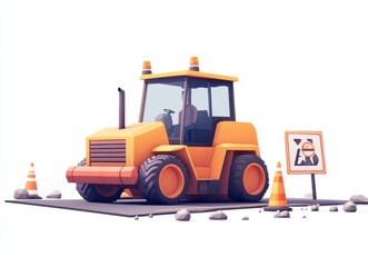 Fototapeta premium Low-poly illustration of a construction roller at a roadwork site with cones