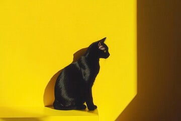 a minimalist portrait of a sleek black cat against vibrant yellow background, dramatic shadows,...