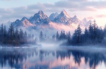 This stock photo features majestic snow-capped mountains reflected in a serene misty lake at sunrise, along with relevant keywords